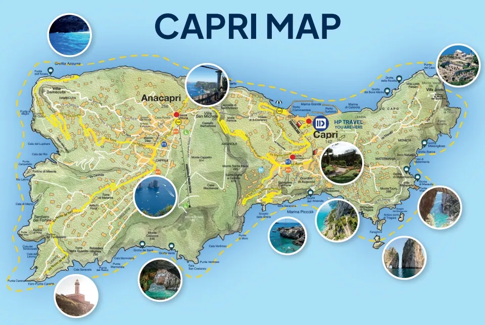 Map of the island of Capri with Capri, Anacapri, Marina Grande and the Blue Grotto